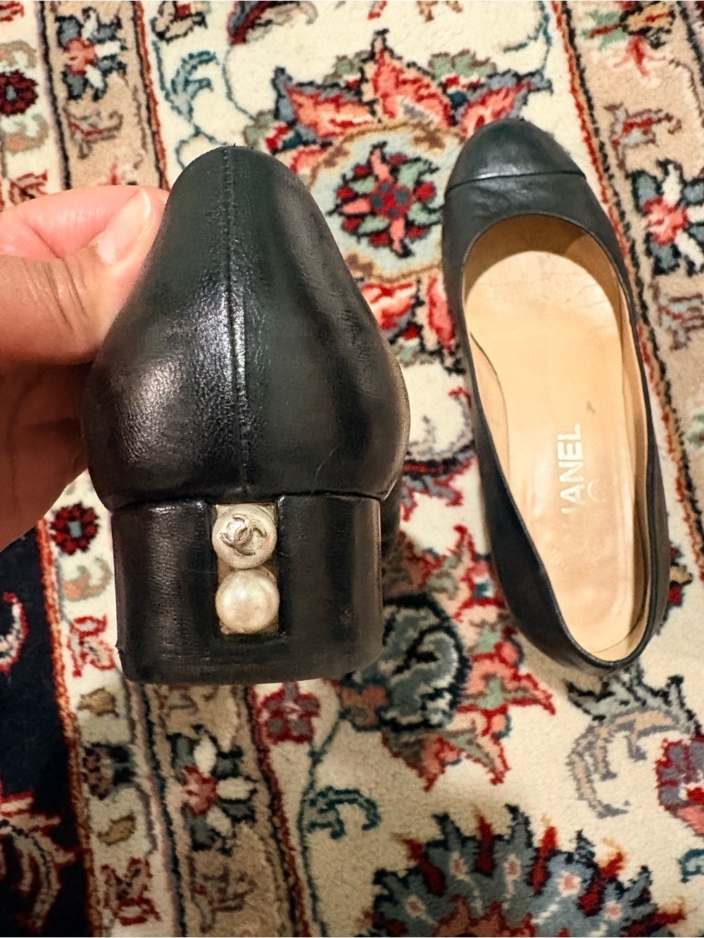 CHANEL Black Leather Pearl-Accented Low Heel Pumps